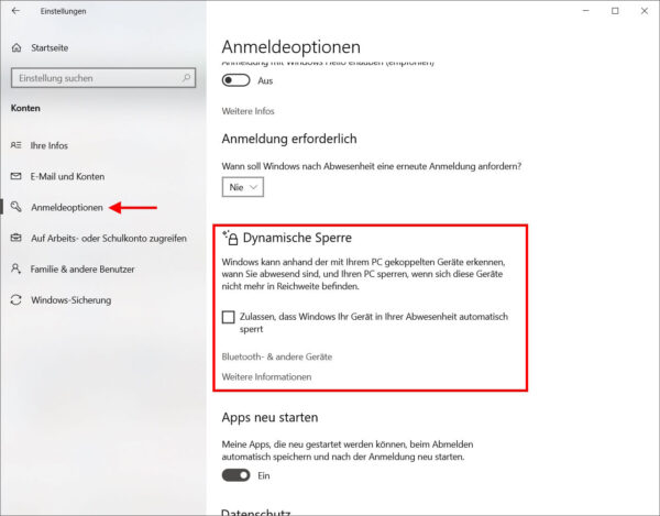 Windows-Einstellungen für dynamische Sperre mit aktivierter Option