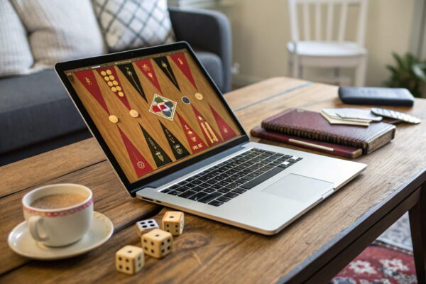 Online Backgammon-Spiel auf einem Laptop mit sichtbaren Würfeln und Spielfiguren, ideal für Einsteiger.