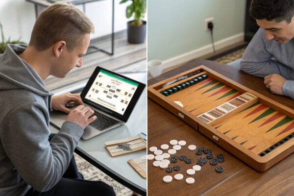 Vergleich zwischen kostenloser Backgammon-Übung auf einem Laptop und Spielen um echtes Geld auf einem Tablet mit Chips und Geldscheinen.