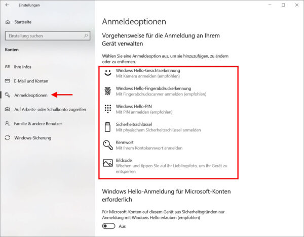 Windows-Anmeldeoptionen mit Gesichtserkennung, PIN und Kennwort