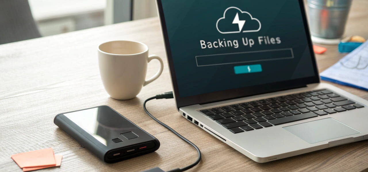 Schreibtisch mit Laptop, externer Festplatte und Smartphone mit Cloud-Backup-Benachrichtigung.