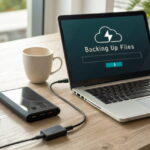 Schreibtisch mit Laptop, externer Festplatte und Smartphone mit Cloud-Backup-Benachrichtigung.