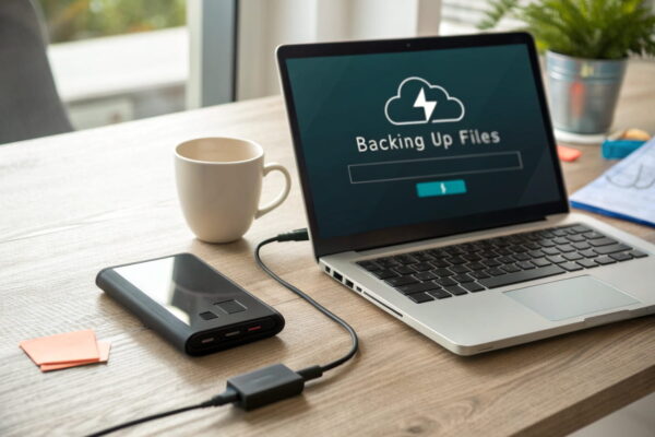 Schreibtisch mit Laptop, externer Festplatte und Smartphone mit Cloud-Backup-Benachrichtigung.