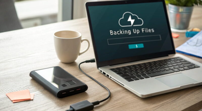 Schreibtisch mit Laptop, externer Festplatte und Smartphone mit Cloud-Backup-Benachrichtigung.