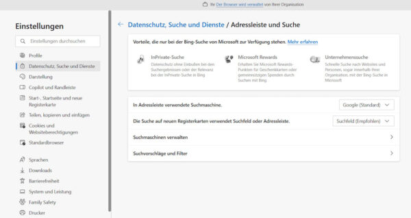 Einstellungen in Microsoft Edge zum Festlegen von Google als Standardsuchmaschine.