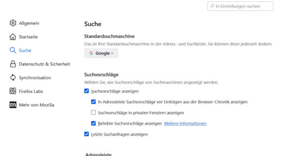 Einstellungen in Firefox zum Festlegen von Google als Standardsuchmaschine.