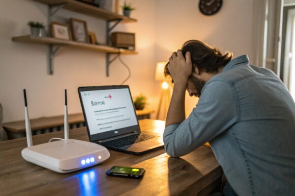 Person am Schreibtisch vor einem Laptop mit der Fehlermeldung 'Keine Verbindung mit diesem Netzwerk möglich' und einem Router im Hintergrund.