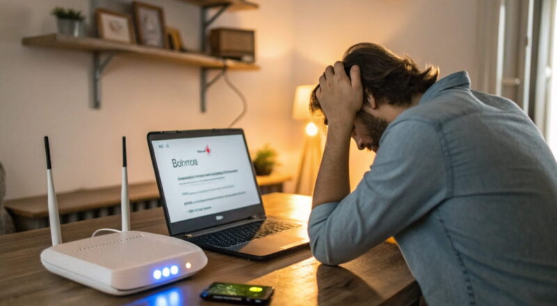 Person am Schreibtisch vor einem Laptop mit der Fehlermeldung 'Keine Verbindung mit diesem Netzwerk möglich' und einem Router im Hintergrund.