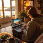 Einsteiger nutzt kostenlose Bildbearbeitung am Laptop in gemütlicher Umgebung.