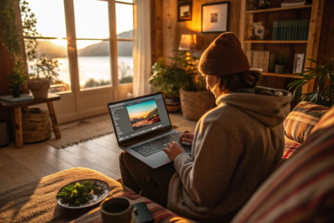 Einsteiger nutzt kostenlose Bildbearbeitung am Laptop in gemütlicher Umgebung.