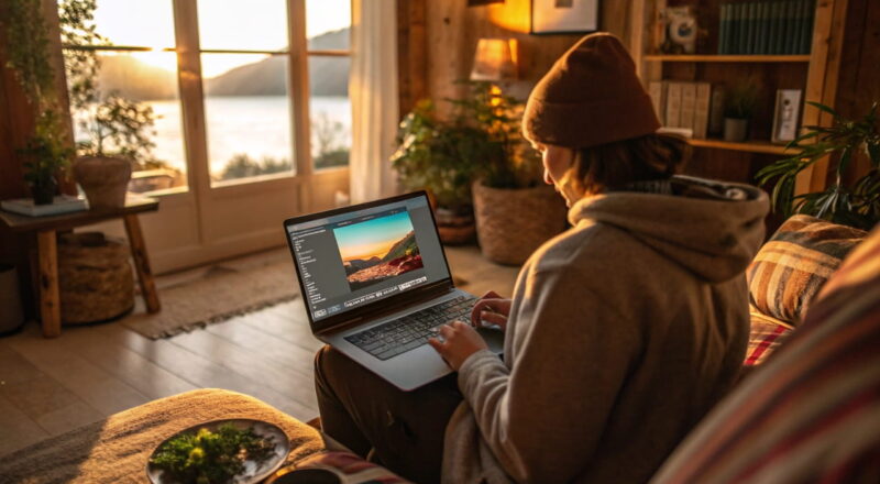 Einsteiger nutzt kostenlose Bildbearbeitung am Laptop in gemütlicher Umgebung.