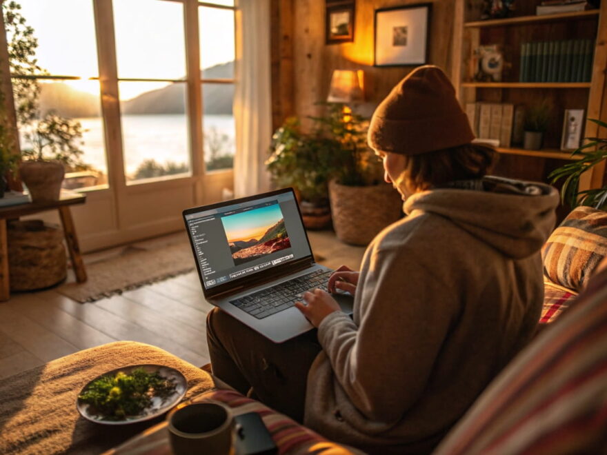 Einsteiger nutzt kostenlose Bildbearbeitung am Laptop in gemütlicher Umgebung.