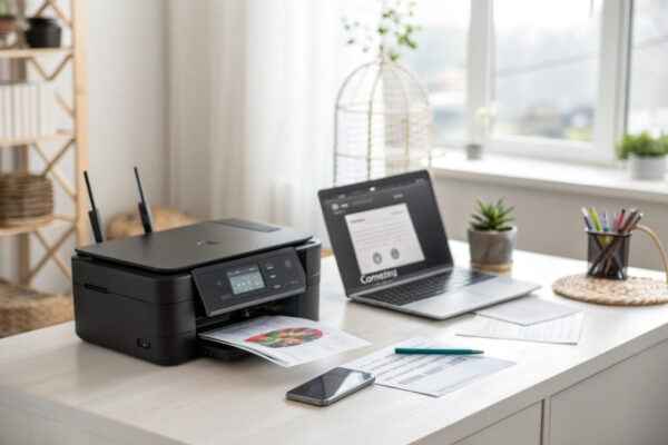 Netzwerkdrucker einrichten: Modernes Home-Office mit drahtlos verbundenem Drucker und Laptop.