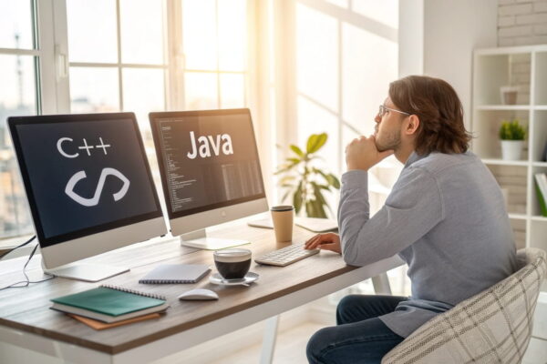 Ein Anfänger-Programmierer entscheidet sich zwischen C++ und Java an einem modernen Arbeitsplatz.