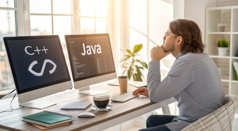 Ein Anfänger-Programmierer entscheidet sich zwischen C++ und Java an einem modernen Arbeitsplatz.