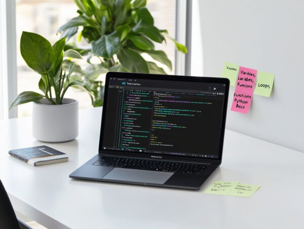Laptop mit Python-Code und Visual Studio Code-Editor, umgeben von Notizen zu Programmiergrundlagen wie Variablen, Schleifen und Funktionen.
