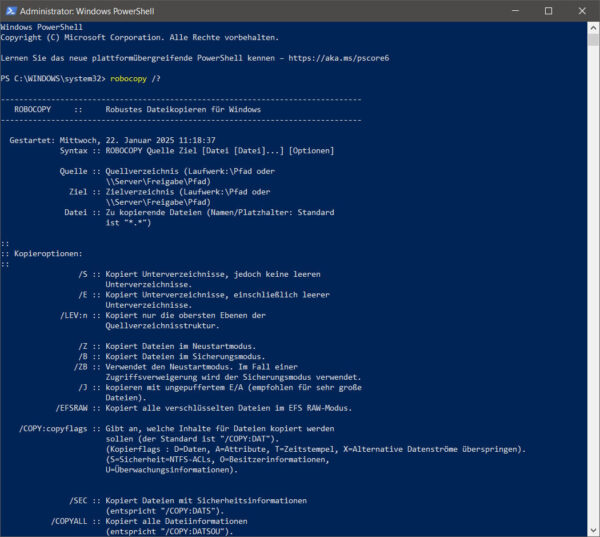 Screenshot der Windows PowerShell mit Robocopy-Befehl und Kopieroptionen.