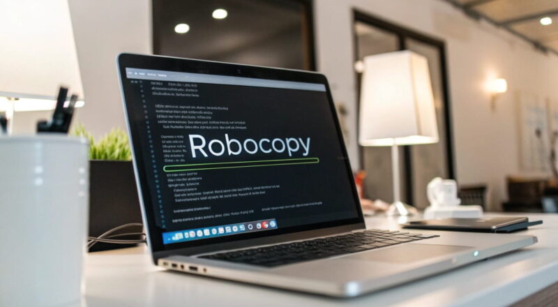 Bildschirm mit Robocopy-Befehl in der Eingabeaufforderung und Fortschrittsanzeige.