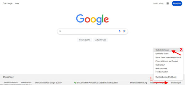 Google-Suchseite mit Anleitung zur Aktivierung von SafeSearch über die Sucheinstellungen.