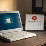 Laptop mit Windows 10 Logo und einem Kalender, der das Ende des Supports im Oktober 2025 markiert.