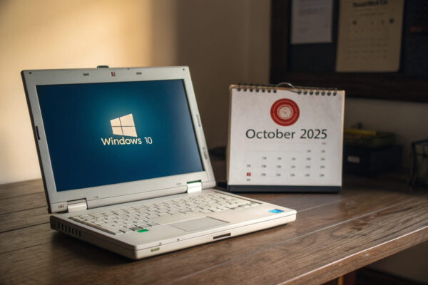 Laptop mit Windows 10 Logo und einem Kalender, der das Ende des Supports im Oktober 2025 markiert.