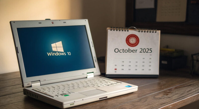 Laptop mit Windows 10 Logo und einem Kalender, der das Ende des Supports im Oktober 2025 markiert.