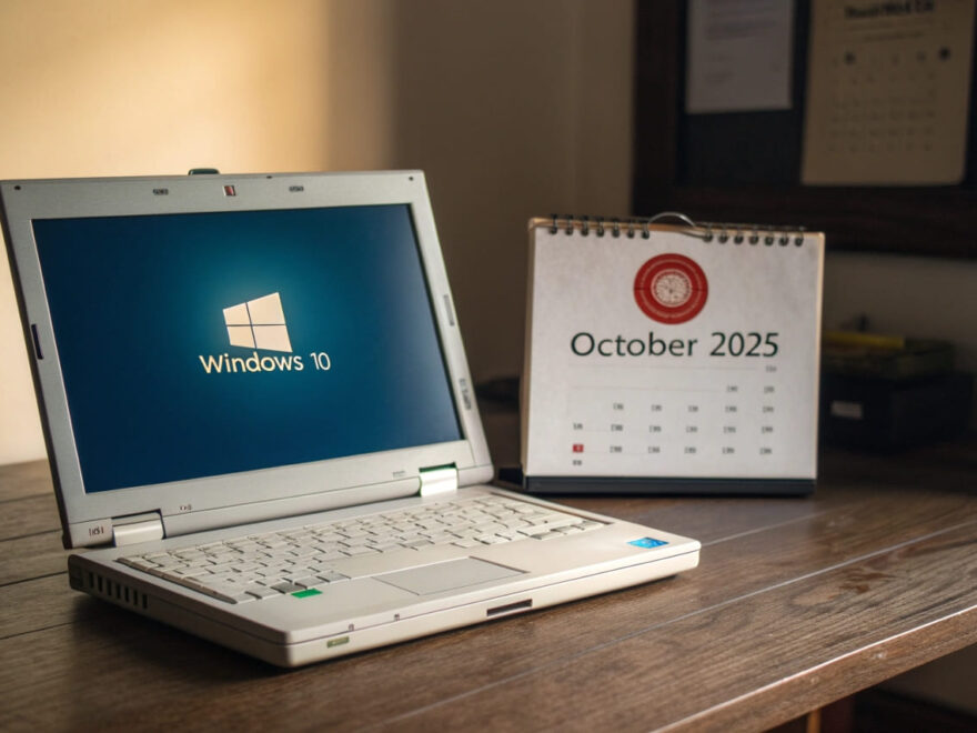 Laptop mit Windows 10 Logo und einem Kalender, der das Ende des Supports im Oktober 2025 markiert.