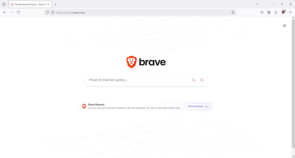 Startseite der Suchmaschine Brave Search – eine anonyme Suchmaschine, die unabhängig von Google und Bing arbeitet und ohne Tracking auskommt.