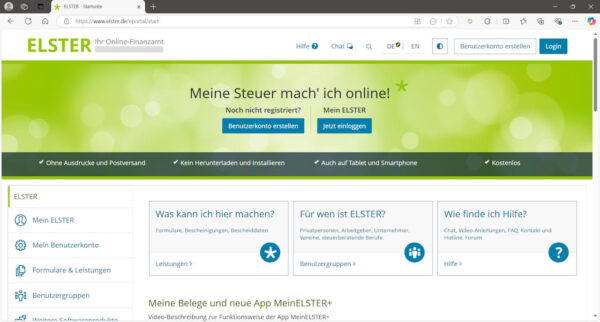 Screenshot der ELSTER-Webseite mit dem Slogan 'Meine Steuer mach' ich online!' und Optionen zur Benutzerkontoregistrierung oder Anmeldung.