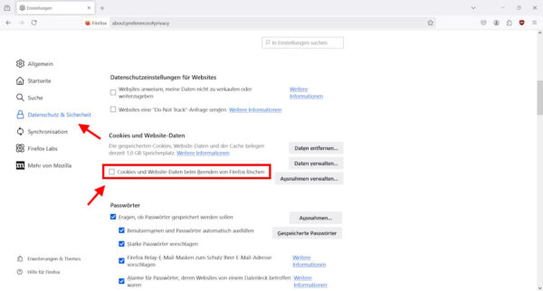 Firefox Cookies automatisch löschen: Einstellungen im Bereich Datenschutz & Sicherheit mit hervorgehobener Option zum Löschen beim Beenden.