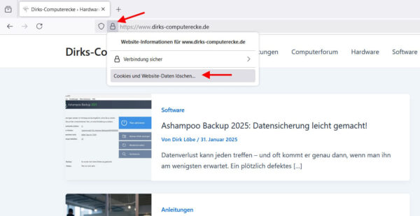 Firefox Cookies löschen: Kontextmenü mit hervorgehobener Option zum Entfernen von Cookies und Website-Daten für eine einzelne Webseite.