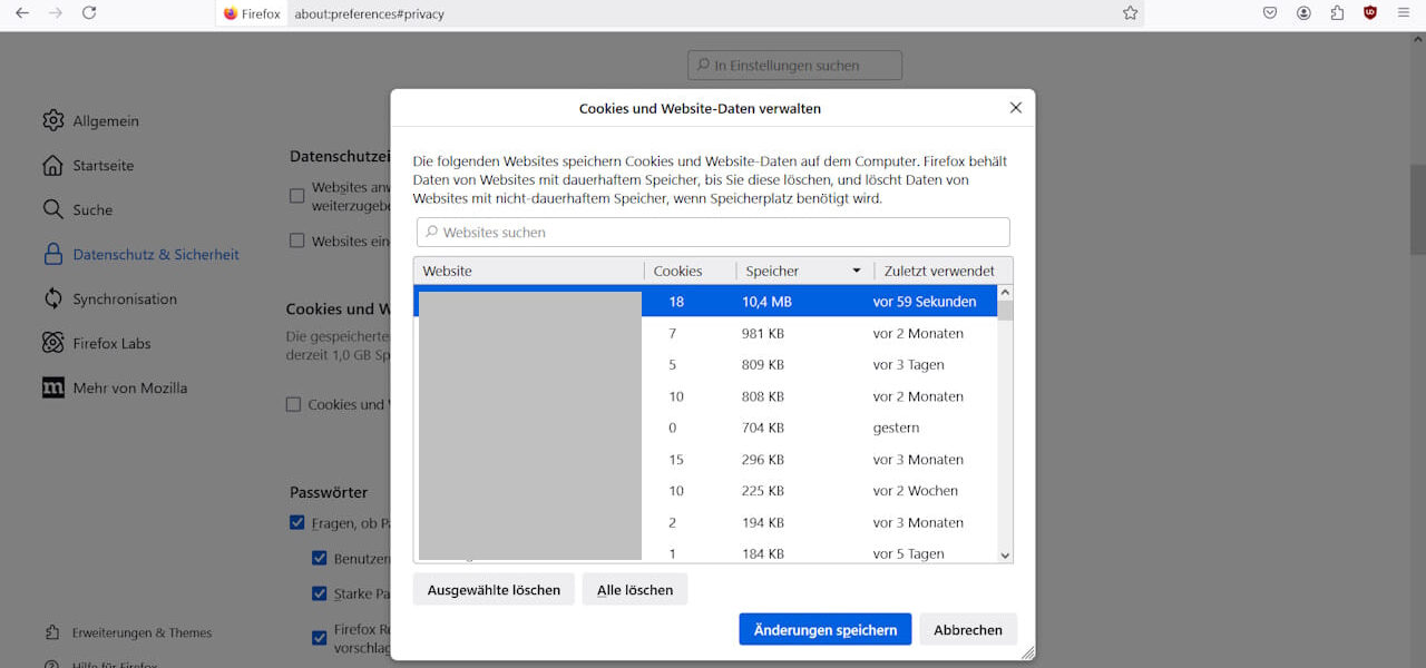 Firefox Cookies manuell löschen: Einstellungen im Browser mit geöffnetem Fenster zur Verwaltung von Cookies und Website-Daten.