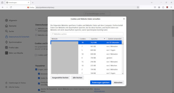 Firefox Cookies manuell löschen: Einstellungen im Browser mit geöffnetem Fenster zur Verwaltung von Cookies und Website-Daten.