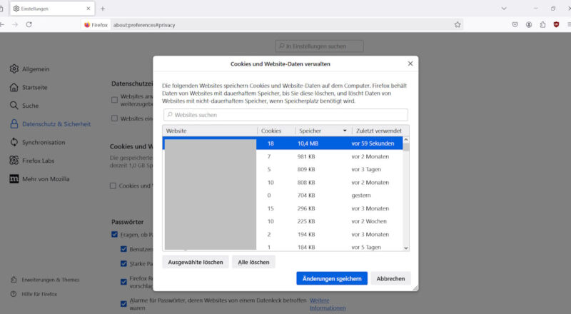 Firefox Cookies manuell löschen: Einstellungen im Browser mit geöffnetem Fenster zur Verwaltung von Cookies und Website-Daten.