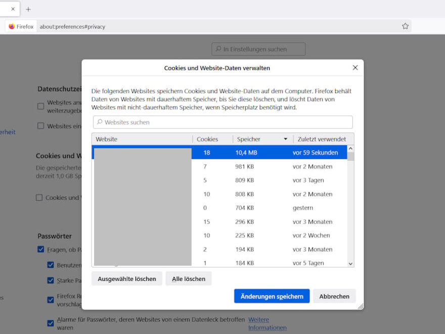 Firefox Cookies manuell löschen: Einstellungen im Browser mit geöffnetem Fenster zur Verwaltung von Cookies und Website-Daten.