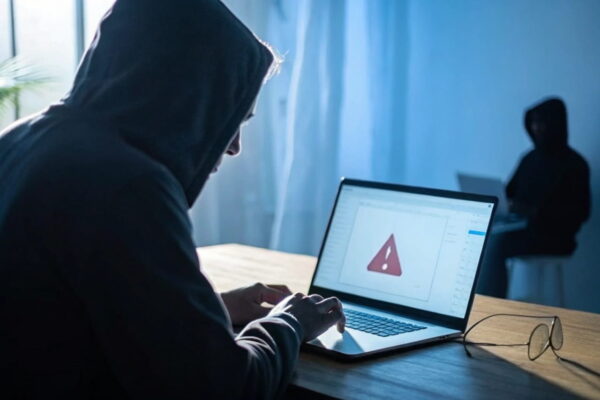 Cybersecurity: Ein Nutzer erkennt eine Phishing-Mail mit rotem Warnsymbol auf dem Laptop, während im Hintergrund eine Hacker-Silhouette lauert.