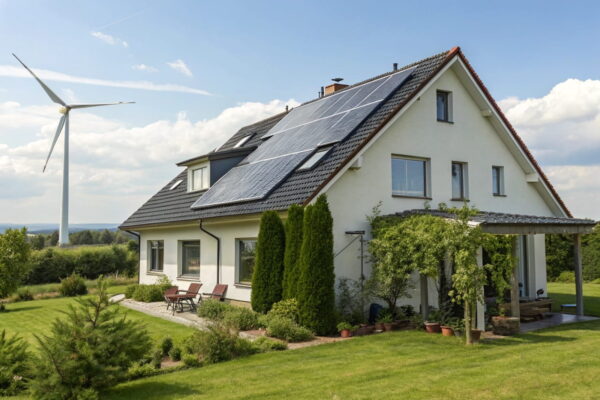 Nachhaltige Technik in Aktion – Ein modernes Haus mit Solarpanels auf dem Dach und einer Windkraftanlage im Hintergrund für erneuerbare Energie.