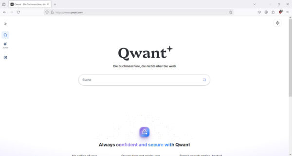 Startseite der Suchmaschine Qwant – eine anonyme Suchmaschine aus Europa, die ohne Tracking oder Speicherung von Nutzerdaten arbeitet.