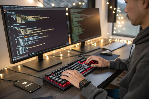 Programmierer nutzt die STRG-Taste auf einer mechanischen Tastatur, während Code auf mehreren Monitoren angezeigt wird.