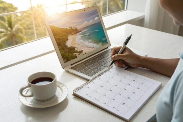 Person markiert Urlaubstage im Kalender für eine optimale Urlaubsplanung.