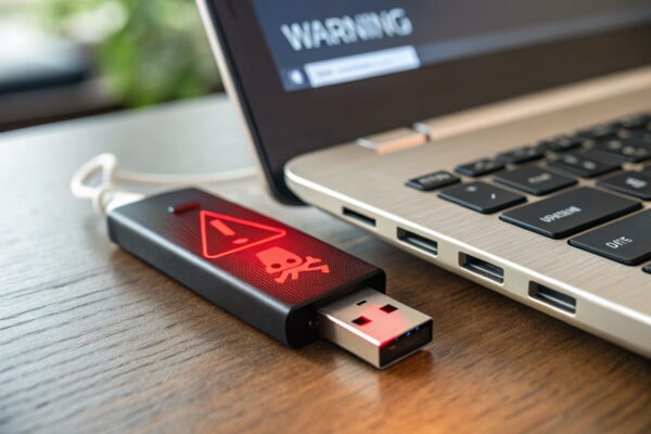 USB-Sticks als Sicherheitsrisiko: Eingesteckter Stick mit rotem Warnsymbol auf dem Bildschirm.