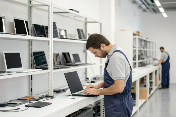 Wiederaufbereitete Technik – Ein Techniker repariert ein Laptop in einer Werkstatt mit refurbished Smartphones und Computern als nachhaltige Alternative.