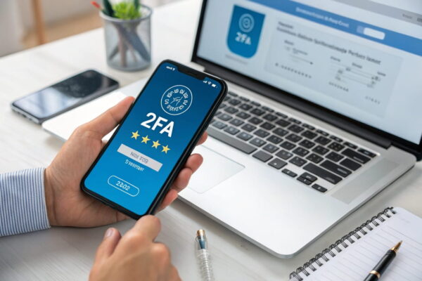 Smartphone zeigt Zwei-Faktor-Authentifizierungscode neben einem Laptop mit Login-Maske – zusätzliche Sicherheit für Online-Konten.