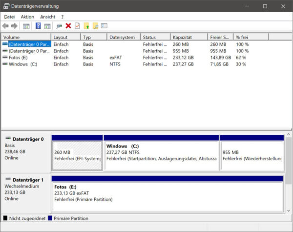 Datenträgerverwaltung unter Windows zeigt externe Festplatte an