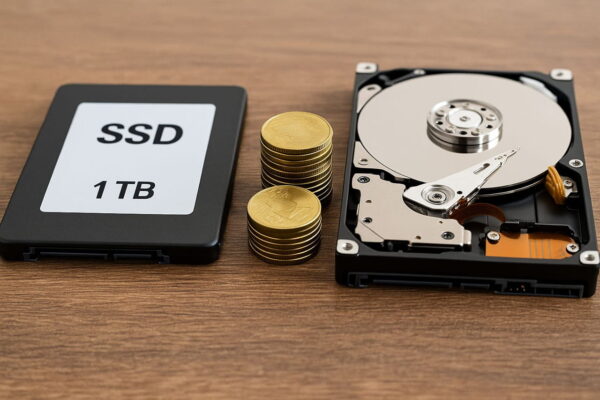 Vergleich von SSD und HDD mit Preisunterschied: 1TB SSD und HDD mit Euro-Münzen
